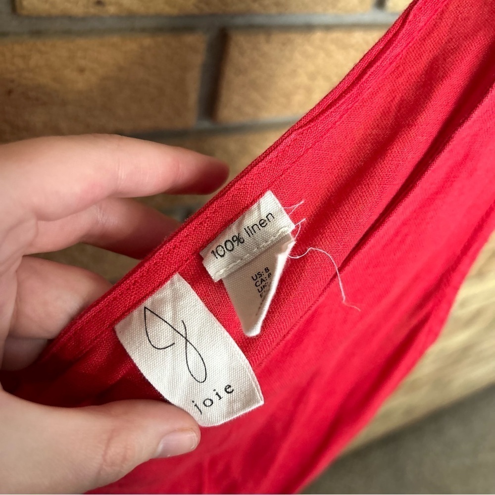 Joie 100% Linen Sleeveless Midi Dress With Pockets Size 8 Red Stretch Waist - Picture 2 of 4